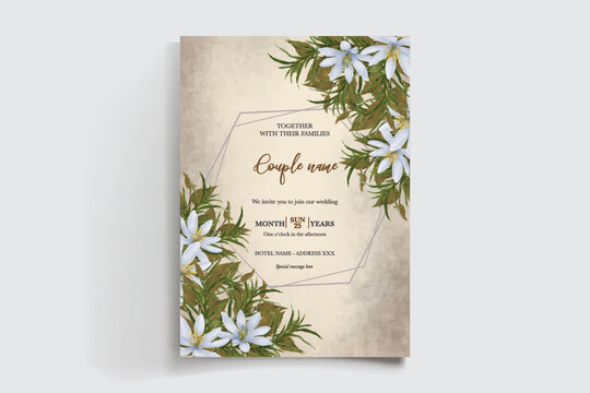 WEDDING INVITATION FRAME WITH FLOWER DECORATIONS AND FRESH LEAVES