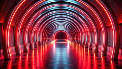 Leinwandbilder - Futuristic Red and Blue Neon Lit Corridor with Reflective Floor and Archway Design