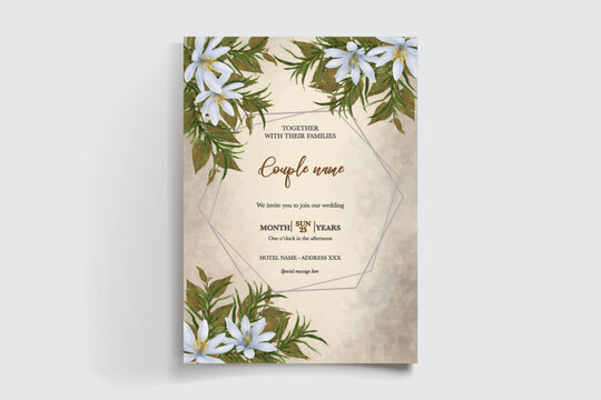 WEDDING INVITATION FRAME WITH FLOWER DECORATIONS AND FRESH LEAVES