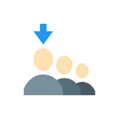 Poster - Blue arrow pointing down towards three circles above a series of curved shapes in muted gray tones