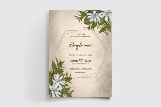 WEDDING INVITATION FRAME WITH FLOWER DECORATIONS AND FRESH LEAVES