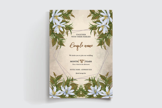 WEDDING INVITATION FRAME WITH FLOWER DECORATIONS AND FRESH LEAVES