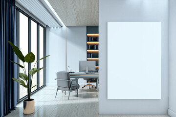Aufkleber - Blank vertical poster mockup on light wall in modern office interior with desk, chair, bookshelves and potted plant near large windows. 3D Rendering
