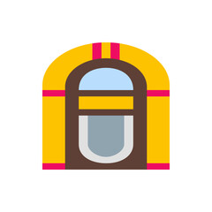 Poster - Illustration of a vintage jukebox with yellow and pink accents and a brown center panel design element
