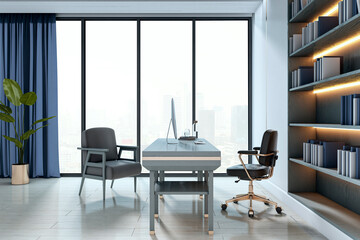 Poster - Modern executive office with glass wall, minimalist furniture, and bookshelf with soft lighting in high-rise city background. 3D Rendering