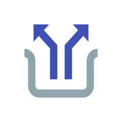 Poster - Blue arrows emerging from a gray container pointing upwards and splitting apart in a white background space