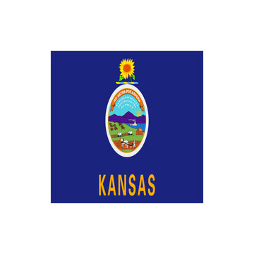Illustration of the kansas state flag featuring a sunflower and seal on a blue background with text below