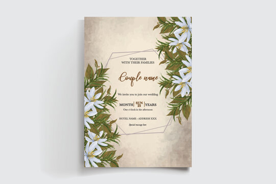 WEDDING INVITATION FRAME WITH FLOWER DECORATIONS AND FRESH LEAVES