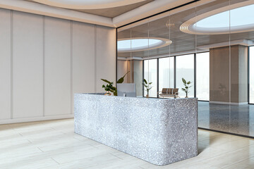 Poster - Modern empty reception desk in a bright office interior with terrazzo counter and glass wall overlooking city view in contemporary building hallway. 3D Rendering