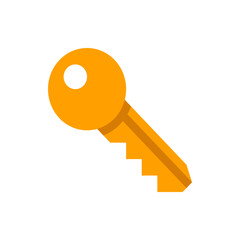 Poster - A single orange key with a round head and jagged edge isolated on a white background in a simple style