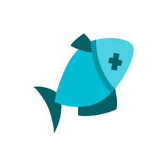 Poster - Illustration of a stylized turquoise fish with a dark teal fin and a plus sign on its body design
