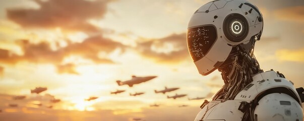 Poster - A futuristic robot stands against a dramatic sunset sky as drones fly in the background, symbolizing advanced technology and artificial intelligence.