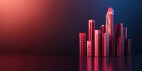 Poster - A stylized city skyline with tall, modern skyscrapers illuminated by red and blue lighting against a dark background.