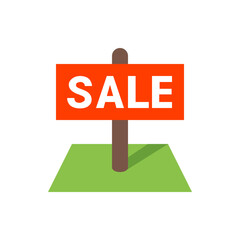 Poster - Illustration of a sale sign with orange background and white text on a brown post in a green field