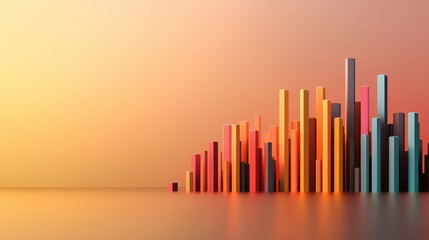 Poster - Colorful 3D bars resembling a modern city skyline rise from a reflective surface against a warm gradient background.