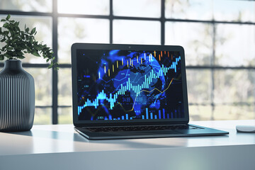 Fototapete - Closeup of laptop displaying financial charts and currency exchange data on digital screen with city view window background in modern workspace. 3D Rendering