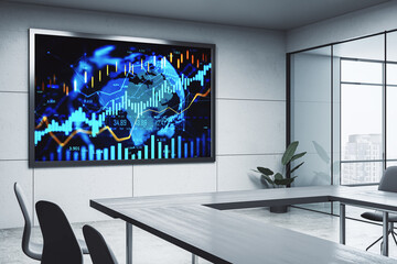 Fototapete - Modern office meeting room with large digital screen displaying global forex and financial market data charts and currency exchange statistics. 3D Rendering