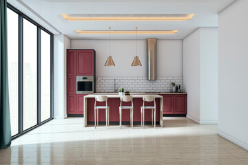 Aufkleber - Modern kitchen interior with red cabinets, pendant lighting, and large windows showing city view in bright minimalistic room with white walls and ceiling. 3D Rendering