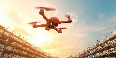 Poster - A red drone flies between warehouse shelves under a bright sky, showcasing advanced logistics and delivery technology.