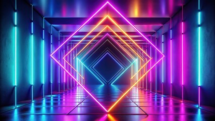 Leinwandbilder - Vibrant Neon Corridor An Immersive Display of Colorful Geometric Light Structures in a Reflective Environment