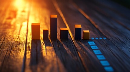 Poster - D vertical bar graph with textured surfaces reflecting light, arranged on a wooden table, evoking a sense of depth and realism in data visualization.