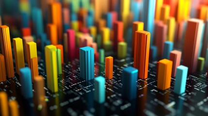 Poster - Aerial view of a D bar chart with glossy finishes in vibrant colors, arranged in ascending order, creating a striking visual effect against a dark backdrop.