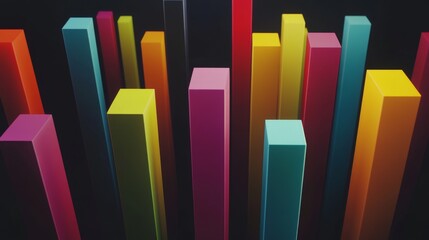 Poster - Aerial view of a D bar chart with glossy finishes in vibrant colors, arranged in ascending order, creating a striking visual effect against a dark backdrop.
