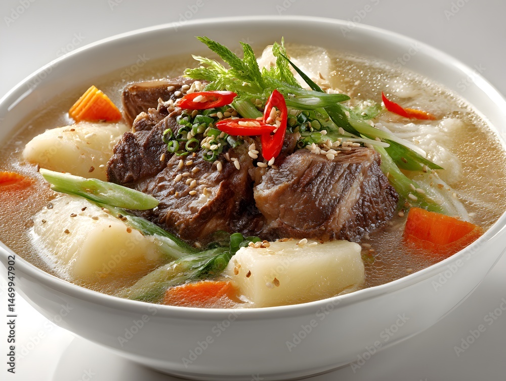 A hearty bowl of beef stew features tender chunks of meat, potatoes, carrots, and vibrant green onions in a rich broth.