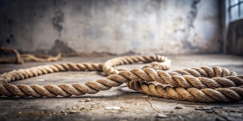Poster - Thick, weathered rope coils on a grunge floor, suggesting strength and resilience