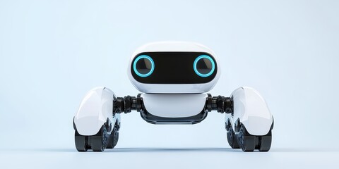 Aufkleber - A cute, futuristic robot with four legs and glowing blue eyes is set against a minimal, light background.