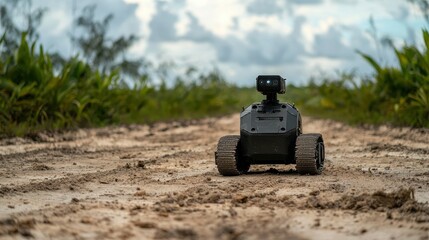 Poster - A small tracked robot navigates a dirt path outdoors, surrounded by green vegetation and a cloudy sky.