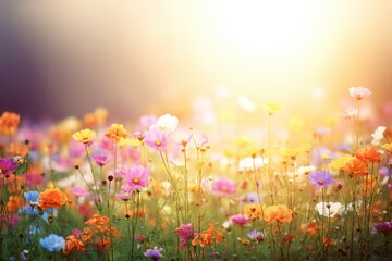 vibrant wildflowers in a sunny meadow under a clear blue sky, capturing bright natural light.