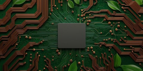 Poster - A microchip on a green circuit board with copper lines and green leaves, representing eco-friendly technology.