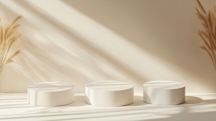 Poster - Minimalist product display with three white round podiums on beige background with sunlight.