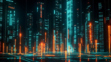 Poster - A futuristic digital financial graph with glowing lines and markers, illustrating the movement of stocks and market performance against a dark backdrop.
