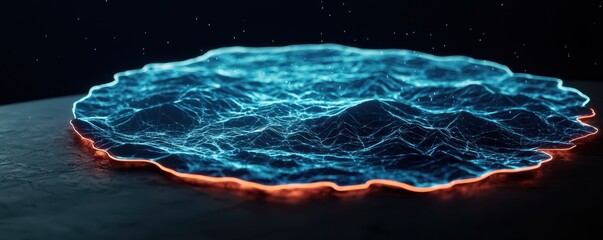 Poster - A glowing, digital 3D landscape map with neon blue and orange lines, resembling a futuristic terrain model on a dark background.
