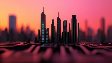 Poster - A futuristic city skyline with glowing skyscrapers at sunset, blending technology and urban architecture in vibrant colors.
