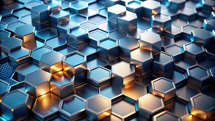 Fototapete - Abstract metallic hexagonal pattern design with illuminated elements and subtle texture variations