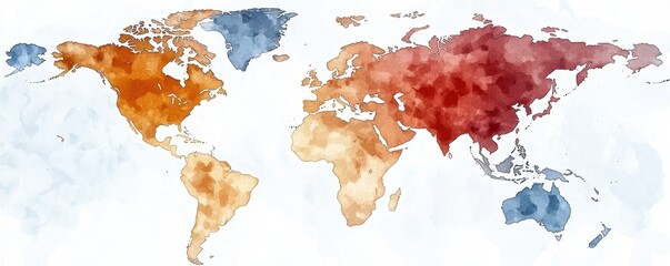 Aufkleber - A watercolor world map featuring continents in shades of blue, orange, and red, blending abstract art with geography.