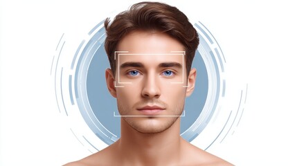 Poster - A digital portrait of a young man with facial recognition overlays, showcasing modern technology and facial features against a clean background.