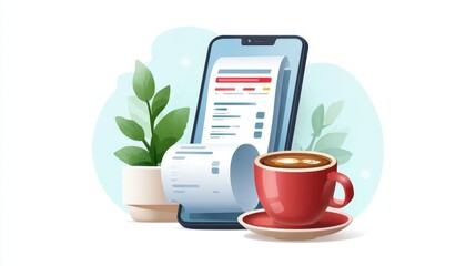 Poster - A smartphone displays a digital receipt alongside a coffee cup and potted plants, creating a cozy workspace atmosphere.