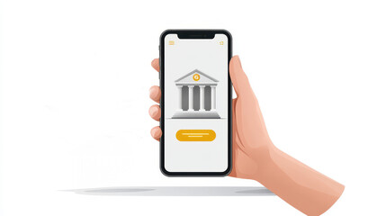Poster - A hand holding a smartphone displaying a bank's digital interface, featuring a building icon and a button, representing online banking services.