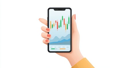  - A hand holding a smartphone displaying financial charts and data, symbolizing trading or investment activities.
