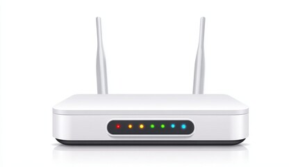 Poster - Wireless router with two antennas and indicator lights, set against a clean background, symbolizing internet connectivity.
