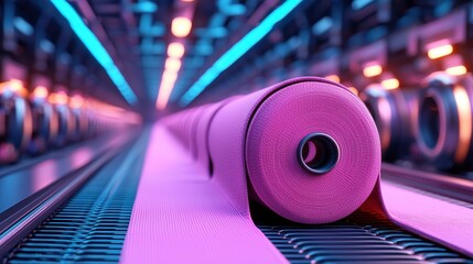 Poster - A large roll of pink fabric on a conveyor belt in a modern, brightly lit textile factory.