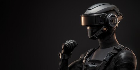 Poster - Futuristic humanoid robot in black armor and visor helmet raises a fist, standing against a dark background.