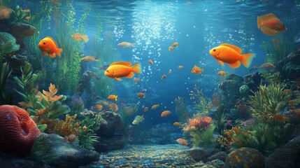  A vibrant aquarium filled with colorful fish swimming among lush plants and decorative rocks, creating a lively underwater world full of charm.