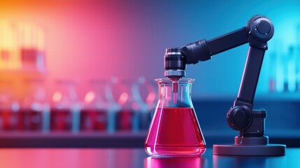 Poster - A robotic arm handles a flask with red liquid in a modern laboratory, highlighting advanced technology and automation in science.