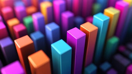 Fototapete - Close-up view of a colorful D bar chart with varying heights and widths, casting shadows on a textured surface, providing depth to the data presentation.