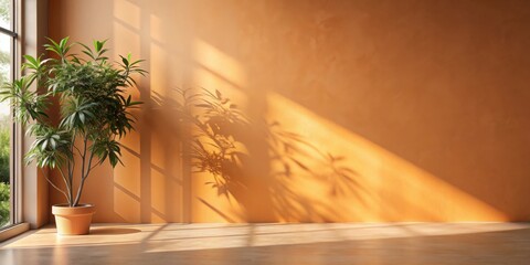Poster - Serene Indoor Scene Sunlight Illuminates a Terracotta Potted Plant Casting Shadows on a Warm-toned Wall